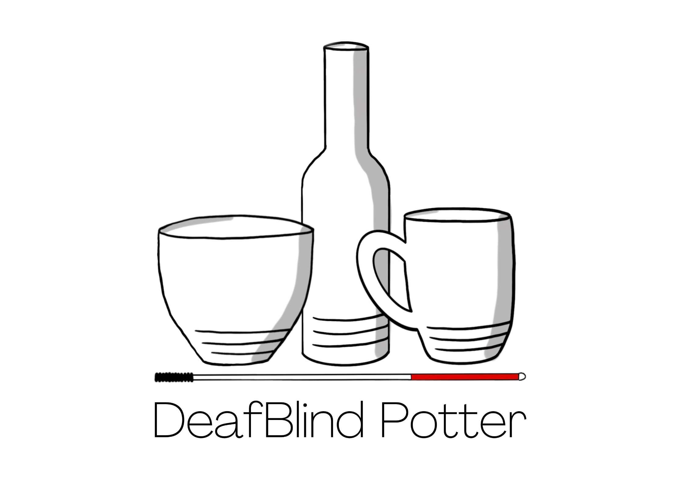 DeafBlind Potter logo with a bowl bottle, and mug outlined with a white cane under the pieces acting like a table. 